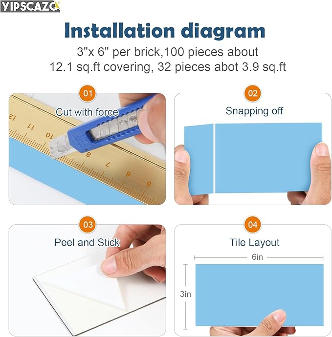 Yipscazo Peel and Stick backsplash 3 x 6 Inches 3D PVC Composite Wall Tile Stick on Backsplash Tile for Kitchen Bathroom, Laundry Room, Fireplace(Blue, 100 Pieces)