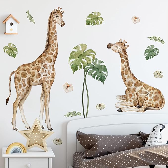 AM AMAONM Removable 3D Nature Jungle Wild Animals Wall Stickers DIY Peel and Stick Safari Giraffe and Tropical Leaves Wall Decals Aniaml Wall Art Decor for Kids Baby Bedroom Nursery Living Room