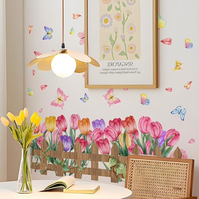 2 Pieces Tulips Wall Decals Vinyl Flowers Wall Stickers Removable Floral Art Murals Peel and Stick Colorful Tulips Fence Butterfly Decor for Girls Bedroom Living Room Nursery