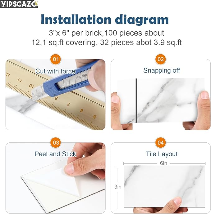 Yipscazo Peel and Stick backsplash 3 x 6 Inches 3D PVC Composite Wall Tile Stick on Backsplash Tile for Kitchen Bathroom, Laundry Room, Fireplace(Skin Marble White, 160 Pieces)