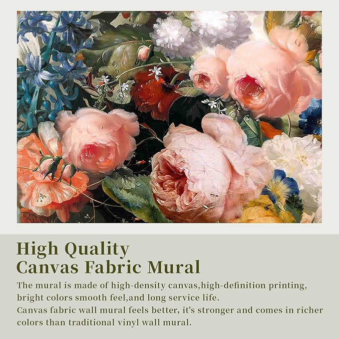 Zeeko Dark Floral Wallpaper Peel and Stick 148" W x 98" H Waterproof Canvas Fabric Vintage Moody Large Wall Mural Self Adhesive Removable Wall Paper for Bedroom Living Room Art Deco