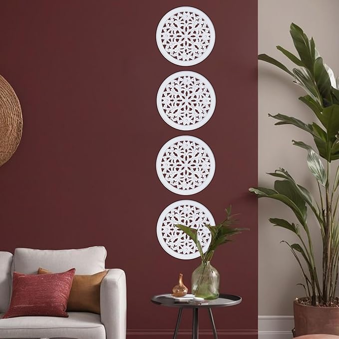 Wood Wall Art - Wall Panels in Handcrafted Carved Wood For Livingroom Bedroom,Dining room,Elegant Decorative Wall Art for Home & Office 12x12" Set of 6 white Antique