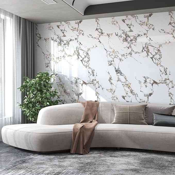 White Glossy Gold Veins Marble Contact Paper peel and stick Countertops Granite kitchen Wallpaper Adhesive 16x591inch Vinyl laminate sheets cabinets sticker Bathroom removable for Walls Wrapping Paper