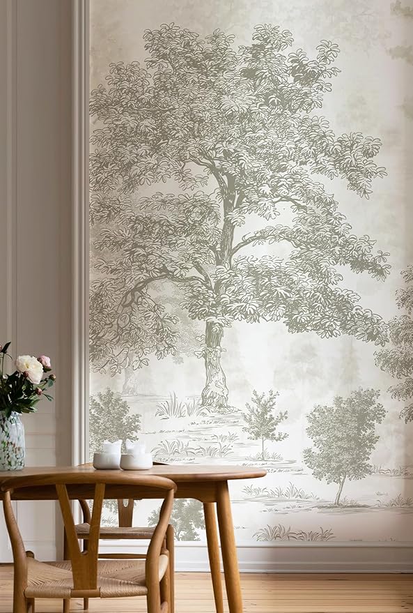 Zeeko Vintage Forest Wall Mural Peel and Stick 59" W x 110" H Beige Tree Wallpaper Self-Adhesive Large Nature Landscapes Murals Canvas Wall Decor