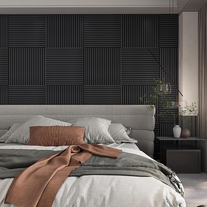 Acoustic Panels,Wood Slat for Wall & Soundproofing Wall Panels,3D Wall Panels High Density Sound Dampening Panels,4 Pack 24"x24" ,Black