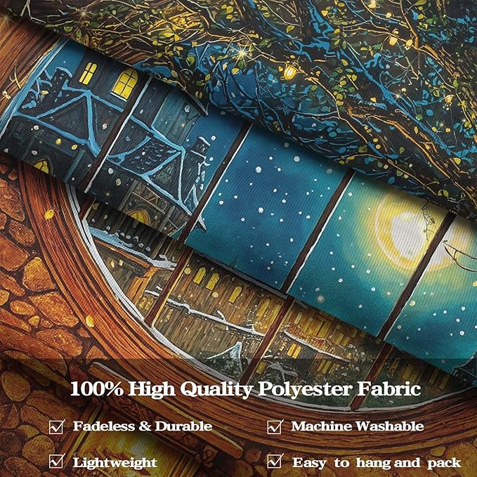 Yeoiat Tapestry Magical Winter Library Tapestries Round Window Wall Hanging Snowy Village Cottagecore Decor Bedroom Dormitory 60"x44"