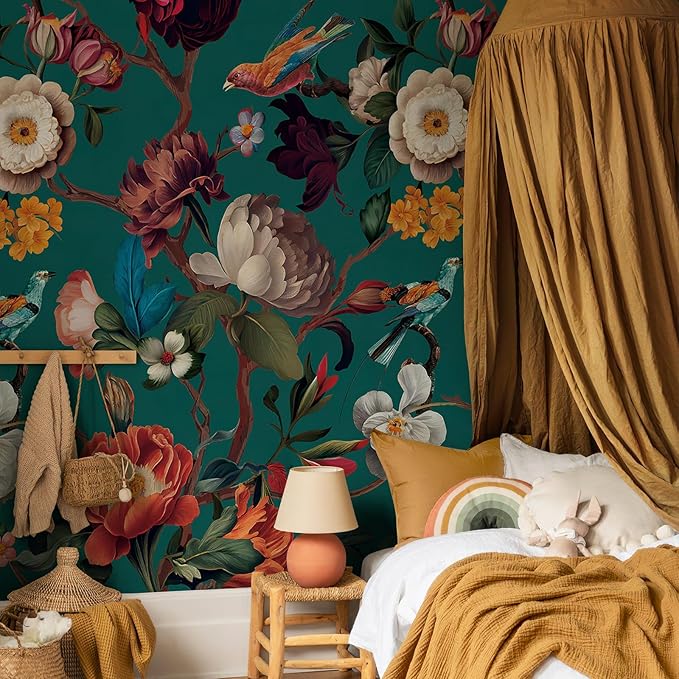 Zeeko Floral Peel and Stick Wallpaper Removable Mural Vintage Wallpaper (59" W x 98") Self-Adhesive Wall Mural for Bedroom Livingroom Home Art Decor, Blue