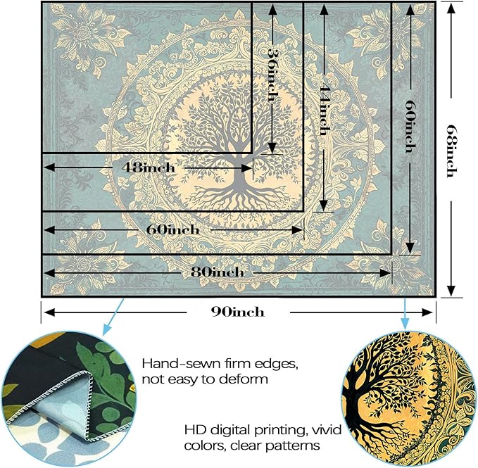 Zussun Tree of Life Tapestry Vintage Boho Mandala Tapestries for Bedroom Aesthetic Retro Bohemian Green Gold Plant Floral Flowers Leaves Tapestry Wall Hanging for Dorm Living Room 80 x 60 Inch
