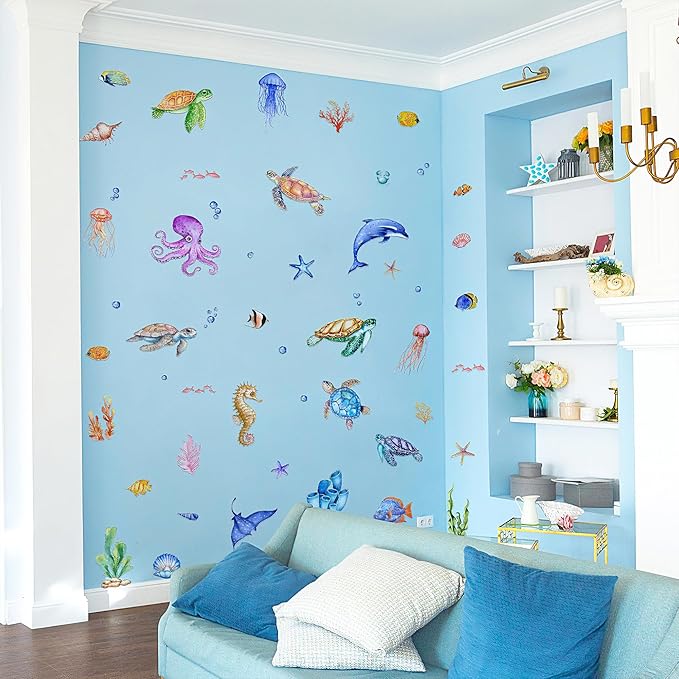 9 Sheets Under The Sea Wall Stickers Decals, ULENDIS Ocean Animal Sea Turtle Seaweed Whale Fish Wall Sticker, Removable Marine Themed Wall Decorations for Nursery Bedroom Bathroom Living Room