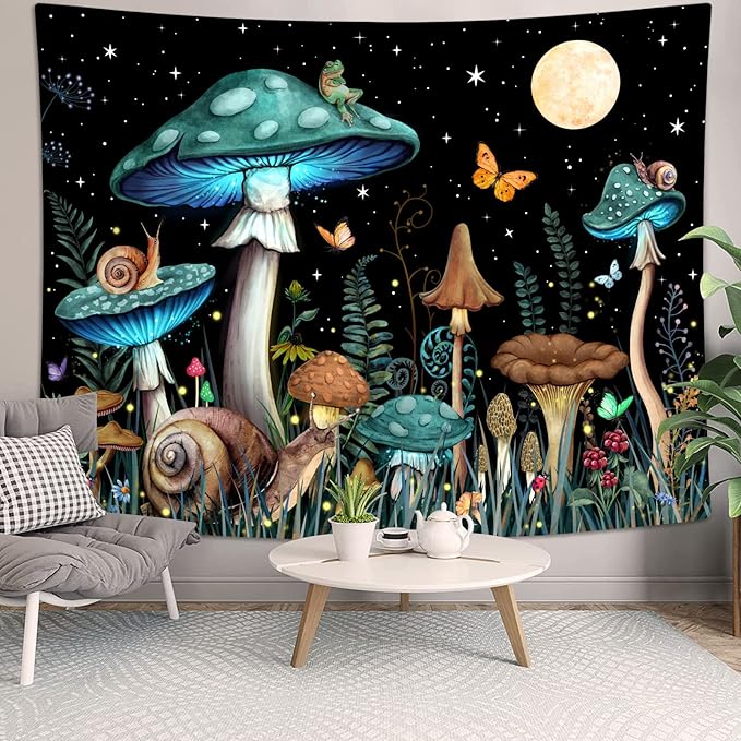 Zussun Teal Mushroom Tapestry Moon Star Tapestries for Bedroom Aesthetic Starry Night Green Plant Tapastrys Wall Hanging Butterfly Snail Frog Wall Tapestry for Living Room Dorm (Green, 90" x 68")