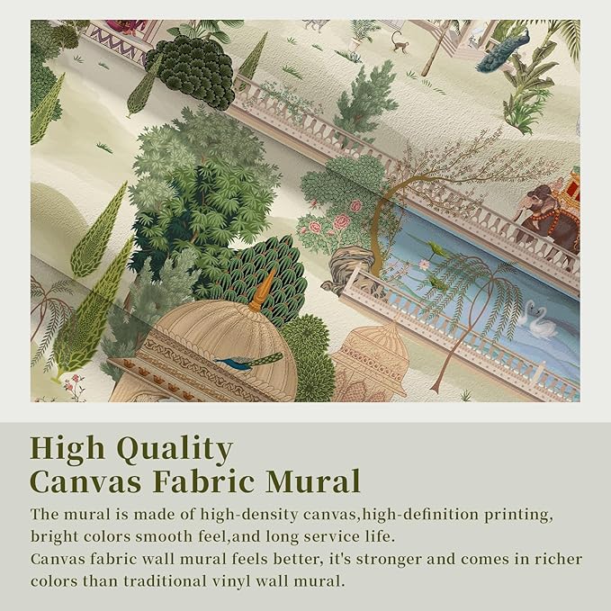 Zeeko Exotic Tropical Green Wall Mural Peel and Stick 59" W x 98" H Botanical Indian Garden Canvas Waterproof Self-Adhesive Removable Wallpaper for Hallway Large Art Wall Decor