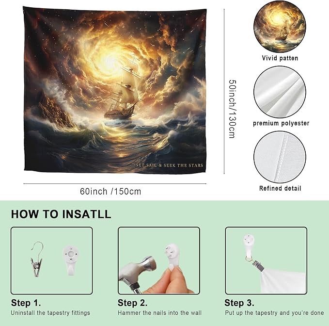 Xolytar Fantasy Pirate Ship Tapestry Set Sail - Dark Academia Room Decor, Vintage Nautical Ocean Storm Wall Art, Motivational Quote for Boys Bedroom, Man Cave (50x60)