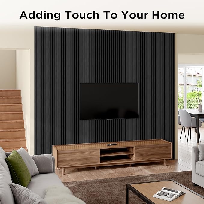 Wood Slat Acoustic Panels, 94" x 23.6" Each Soundpoof Wooden Slat Wall Panel, Classic Black, 2 Pack