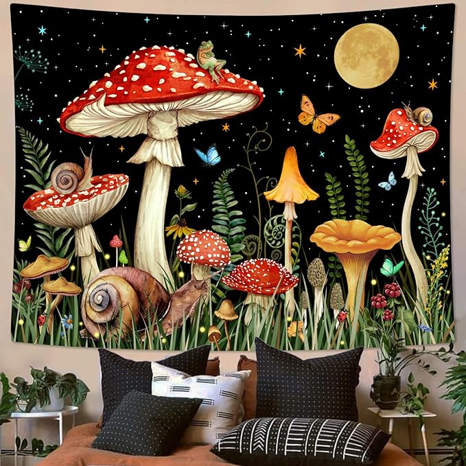 Zussun Red Mushroom Tapestry Moon Star Tapestries for Bedroom Aesthetic Starry Night Green Plant Tapastrys Wall Hanging Butterfly Snail Frog Wall Tapestry for Living Room Dorm (Black, 80" x 60")