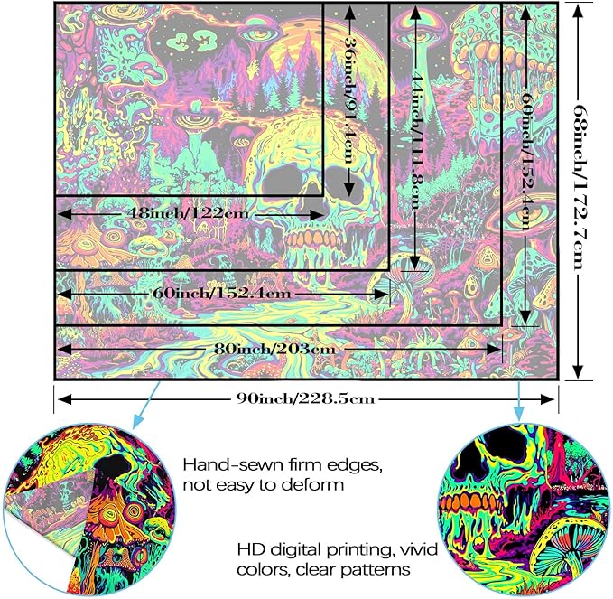 Zussun Blacklight Hippie Skull Mushroom Tapestry for Bedroom Aesthetic Hippy Forest Skeleton Monster Tapestries Wall Hanging Glow in The Dark Wall Tapestry for Living Room Dorm 80 × 60 Inch