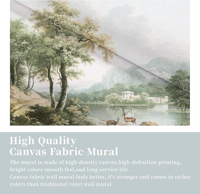 Zeeko Vintage Forest Wall Mural Peel and Stick 148"x98" Canvas Waterproof Self-Adhesive Removable Wallpaper for Bedroom Living Room Green Countryside Landscape Wall Art Decor