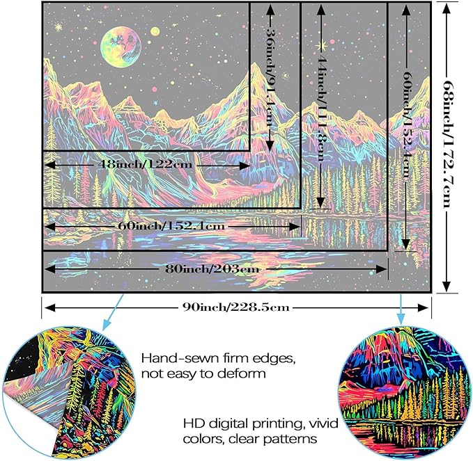 Zussun Blacklight Mountain Forest Tapestry for Bedroom Aesthetic Hippie Pine Tree River Lake Tapestries Wall Hanging Glow in The Dark Moon and Stars Wall Tapestry for Living Room Dorm 48 × 36 Inch