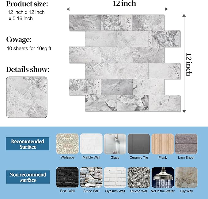 1-Pack Peel and Stick Tile Backsplash 12"X12" PVC Wall Tiles, Stick on Backsplash for Kitchen, Bathroom Tile, Fireplace Décor, Laundry Table, Stair Decals in Gray Stone