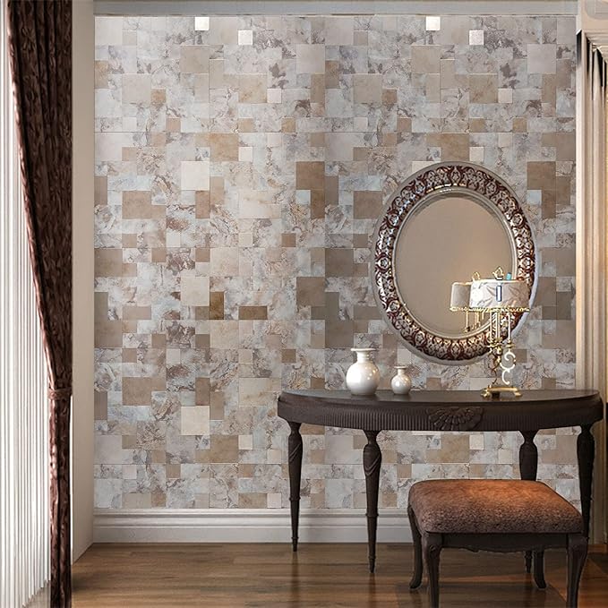 YMMXGE 10-Sheet Peel and Stick Backsplash Stone Tiles, Brushed Aluminum PVC Surface Metal Mosaic Sticker for Kitchen Wall (11.81"x11.81"Per Sheet) (10, Silver Gray)