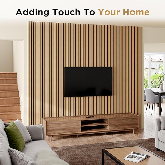 Wood Slat Acoustic Panels, 94" x 12.6" Each Soundpoof Wooden Slat Wall Panel - American Oak, 4 Pack