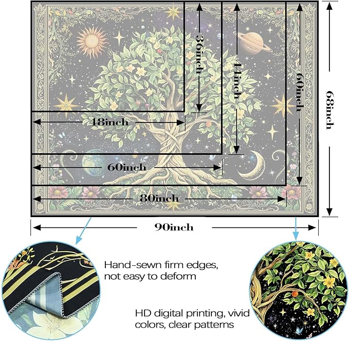 Zussun Tree of Life Tapestry Vintage Nature Green Plant Floral Flowers Celestial Tapestries for Bedroom Aesthetic Retro Sun Moon Stars Galaxy Tapestry Wall Hanging for Dorm Living Room 90 x 68 Inch