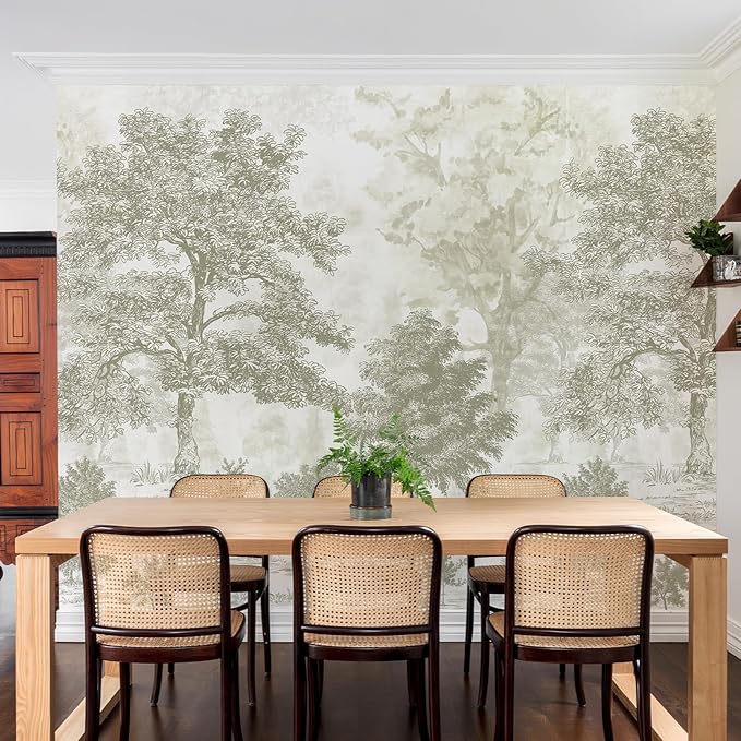 Zeeko Vintage Forest Wall Mural Peel and Stick 88.5" W x 110" H Beige Tree Wallpaper Self-Adhesive Large Nature Landscapes Murals Canvas Wall Decor for Bedroom Bathroom