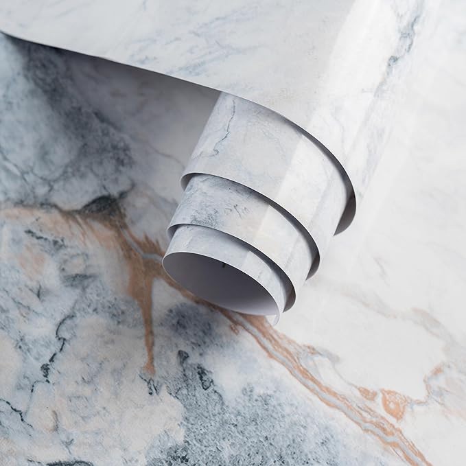 32"x354" Large White Bule Marble Paper Thick Vinyl Granite Adhesive Waterproof peel and stick Wallpaper Textured kitcheh Barthroom Countertops Contact Paper Wall Sticker Top Wall Mural Backsplash Wrap