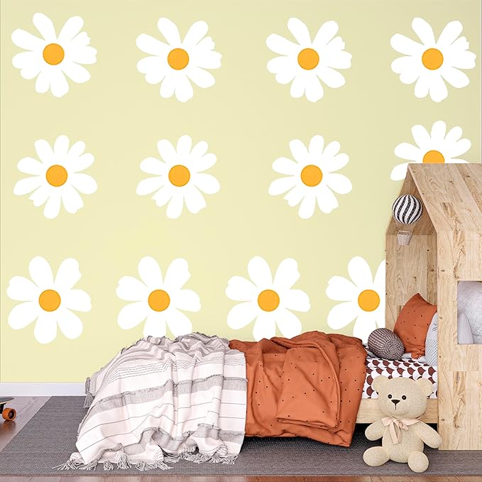 12 Sheets Daisy Wall Decals Big Daisy Wall Stickers White Flower Wall Stickers Peel Floral Stickers for Kids Girls Nursery Playroom Bedroom Living Room Wall Décor