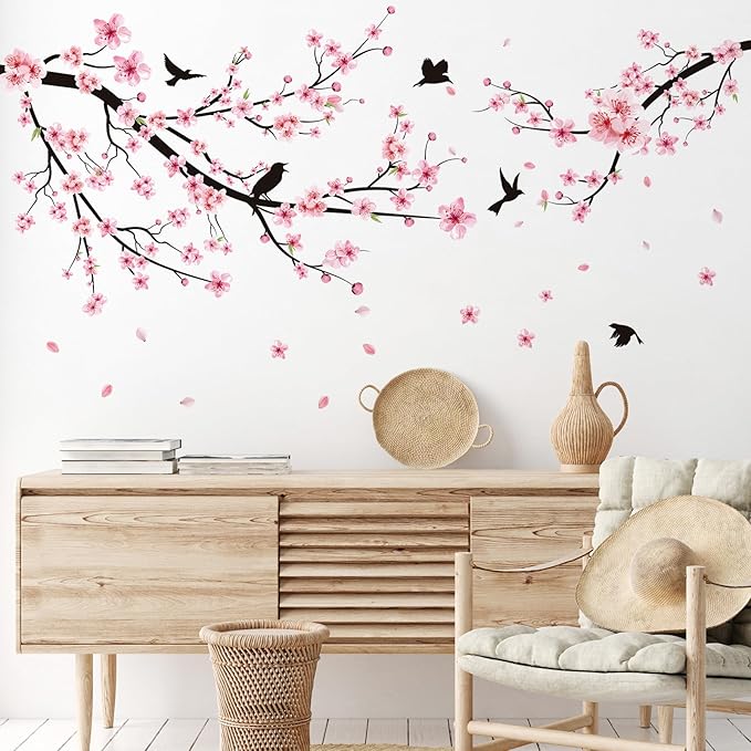 Zonon 6 Pcs Flowers Wall Decals Stickers Vinyl Removable Peel and Stick Colorful Dragonflies Floral Wall Murals Decor for Bedroom Living Room Nursery (Cherry Blossoms)