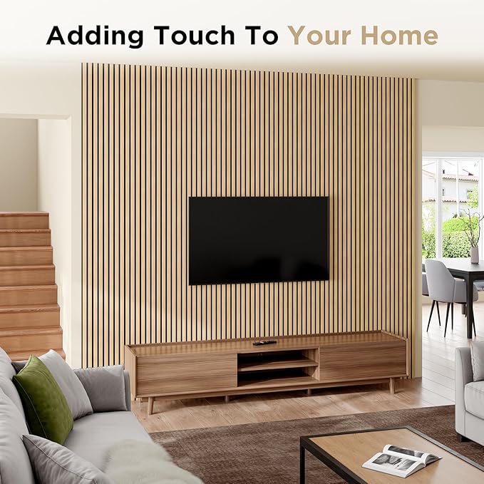 Wood Slat Acoustic Panels, 94" x 12.6" Each Soundpoof Wooden Slat Wall Panel - White Oak, 4 Pack