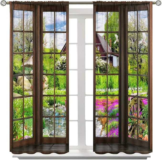 3D Landscape Curtains, Windows in Farmhouse Hut Wildlife Woods Creek Nature Landscape, Blackout Noise Reduction Curtains for Bedroom Living Room, 2 Panel Set,63X63 Inch
