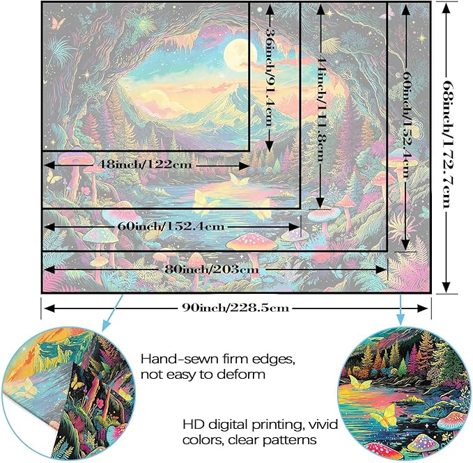 Zussun Blacklight Mushroom Forest Tapestry UV Reactive Nature Mountain Moon Butterfly Tapestry for Bedroom Aesthetic Landscape Samll Tapestries Wall Hanging for Dorm Living Room Decor 48 x 36 Inch