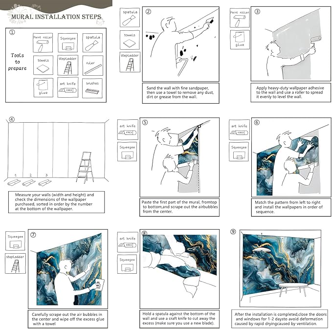 AFZEVEB-Blue and Gold Marble Wallpaper Abstract Art Wall murals for Bedroom 159"x107" (Not Peel and Stick)