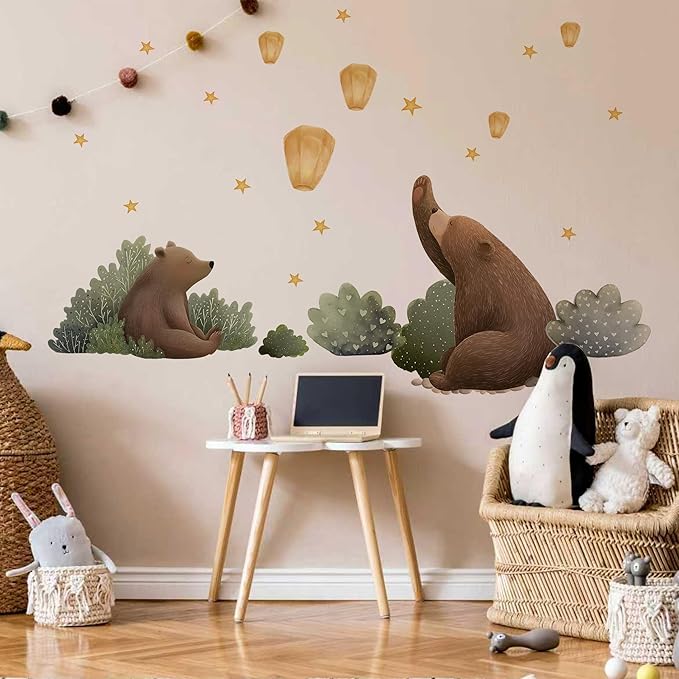 Animal Bear Moon Stars Wall Decal,Removable Cute Animal Bear Wall Sticker for Nursery Kid Baby Bedroom Living Room Playing Room Murals