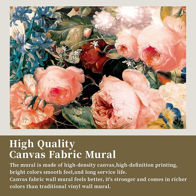 Zeeko Dark Floral Wallpaper Peel and Stick 177" W x 110" H Waterproof Canvas Fabric Vintage Moody Large Wall Mural Self Adhesive Removable Wall Paper for Bedroom Living Room Art Deco