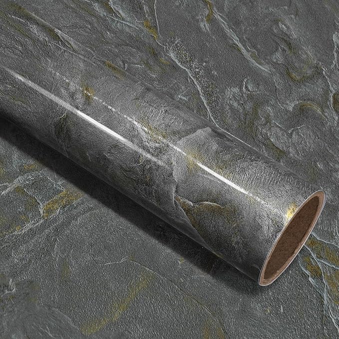48"x394" Glossy Granite Wallpaper Peel and Stick Countertops Contact Paper Waterproof Removable Grey Gold Wall Paper for Cabinets and Drawers Self Adhesive Marble Vinyl Wallpaper for Kitchen Bathroom