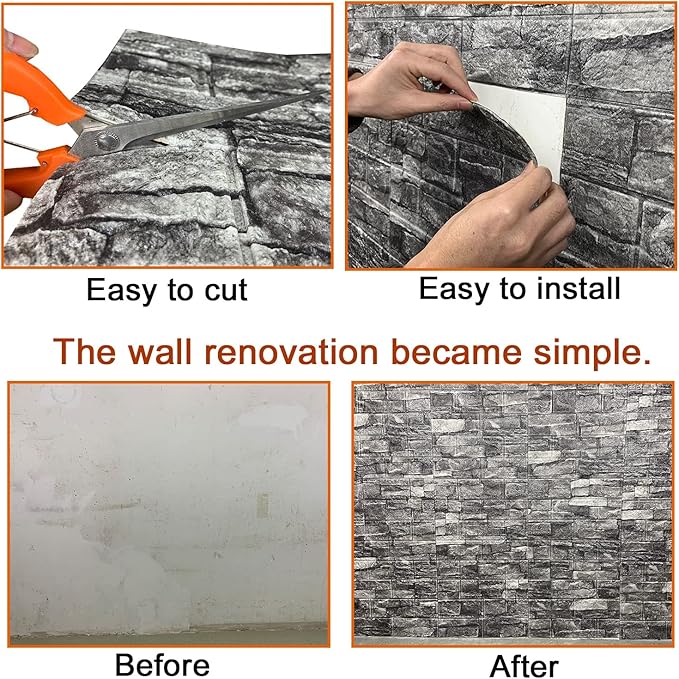 20PCS 3D Wall Panels Peel and Stick 3D Brick Wallpaper Peel and Stick Faux Stone Wall Panel Foam Brick Self-Adhesive Wallpaper (Black 20pcs)