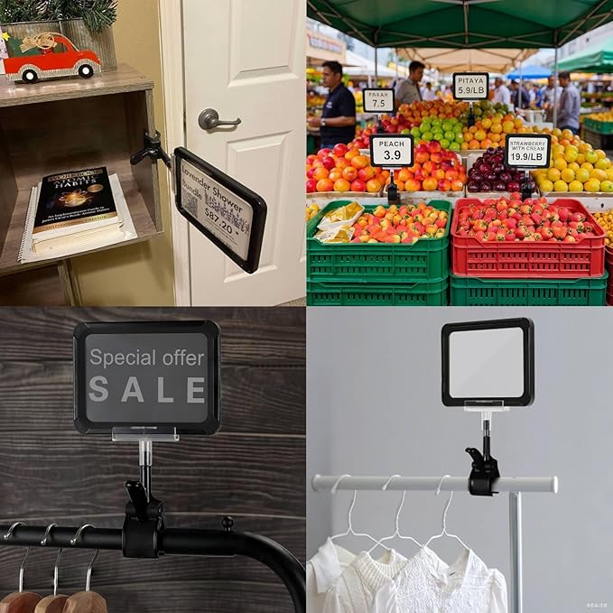 ZHENGMAI 10 Pack Black Acrylic Sign Holder with Clamp, Double Head Rotating Price Display Signs with PVC Card Protector, Sale Signs for Retail Store, Clothing, Dessert Rack 6 x 9 Inch