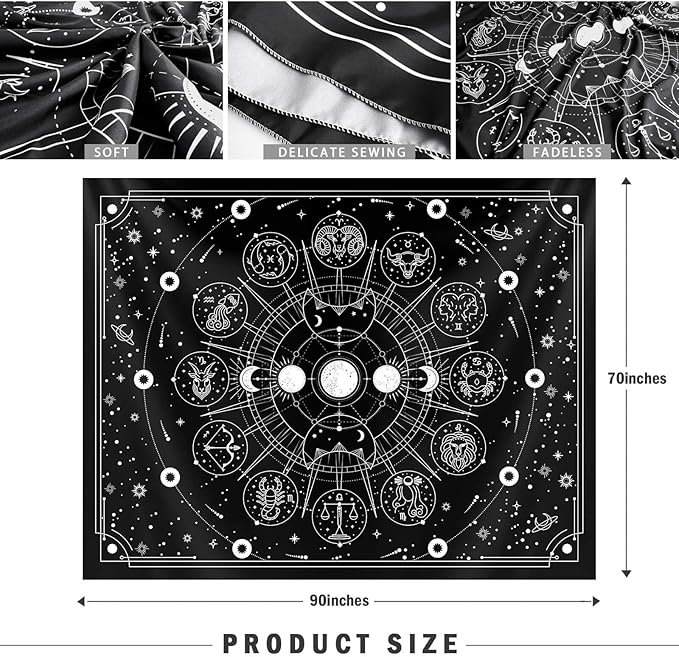 Zodiac Astrology Witchy Wall Tapestry, Black White Constellation for Wall Decor, Stars Space Psychedelic Bedroom Aesthetics, Living Room, Home, Dorm (70 x 90 inches)
