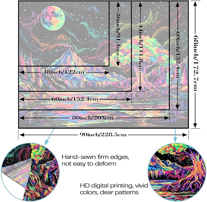 Zussun Blacklight Mountain Forest Tapestry Hippie Tree of Life Tapestries for Bedroom Aesthetic Glow in The Dark Moon and Stars Tapestry Wall Hanging for Living Room Dorm 80 × 60 Inch