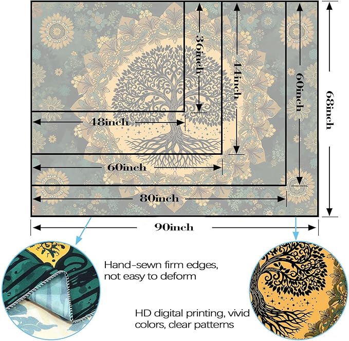 Zussun Tree of Life Tapestry Vintage Boho Mandala Tapestries for Bedroom Aesthetic Retro Bohemian Green Yellow Plant Floral Flowers Leaves Tapestry Wall Hanging for Dorm Living Room 80 x 60 Inch