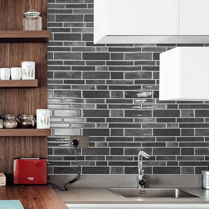 Art3d 10-Sheet Peel and Stick Backsplash Tile, Vinyl Stick On Wall Tile for Kitchen Bathroom Laundry Room, Marble Design 12" x 12" - Smoky Black