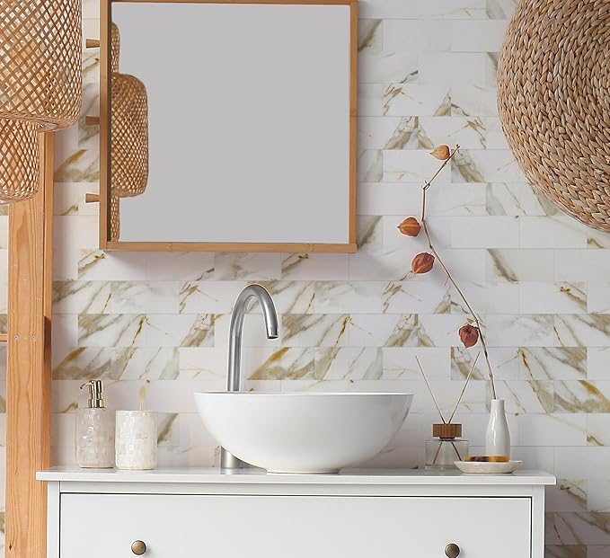 20-Pack Peel and Stick Tile Backsplash for Kitchen 12"X12" Thicker Wood Panel Stick on Backsplash for Bathroom Tile, Stair Decals, Laundry Table, Bedroom in Cala Golden