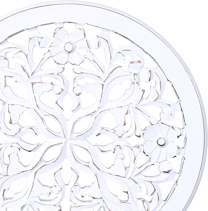 Woodify Hand-Carved Wooden Wall Décor – Set of 4, 12" x 12" Decorative Wood Panels, Floral Design, White Antique Finish, Wall Art for Living Room & Home Décor