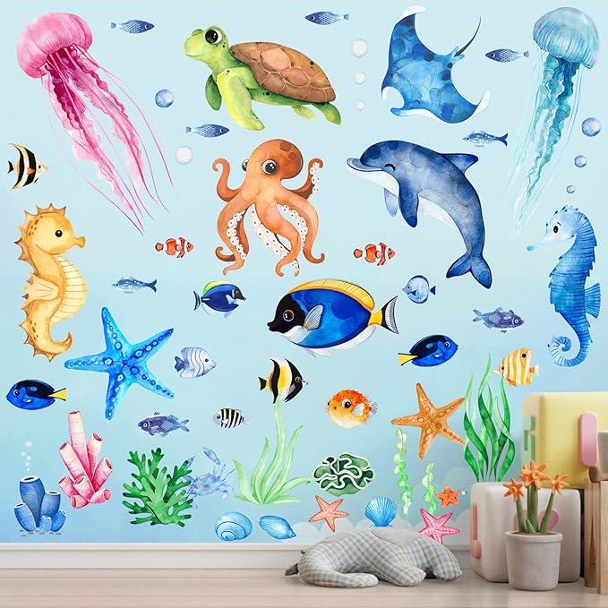 4 Sheets Ocean Fish Wall Decals Stickers Sea Wall Decal Stickers Removable Sea Life Marine Animal Sticker Underwater Ocean Creatures Decor for Kids Girls Boy Nursery Bedroom Bathroom