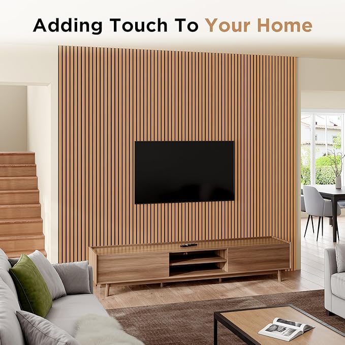 Wood Slat Acoustic Panels, 94.5" x 12.6" Each Soundpoof Wooden Slat Wall Panel - Light Brown, 4 Pack