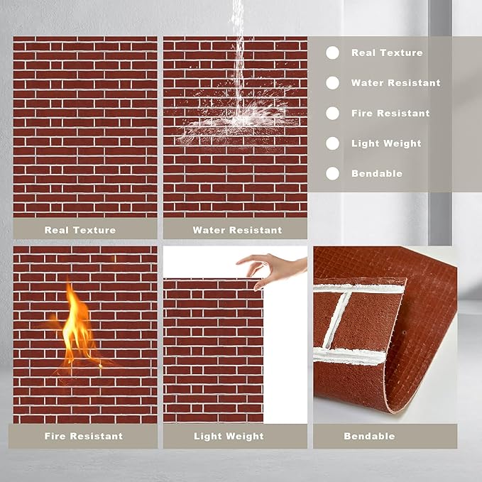 3D Wall Panels - 4PCS 47.2"x26" Faux Stone Wall Covering - MCM Modified Clay Material for Home Art, Accent Brick, Modern Exterior/Interior Decoration, Covering 34 sq.ft Slate Red Brick