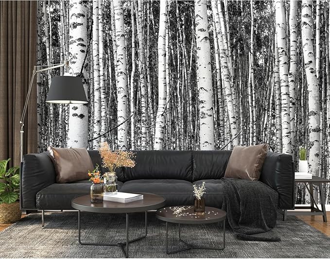 Zeeko Large Birch Forest Wall Mural Peel and Stick Mural for Wall 148"x 98" Black and White Wallpaper Birch Trees Forest 3D Murals Home Decor for Bedroom Livingroom