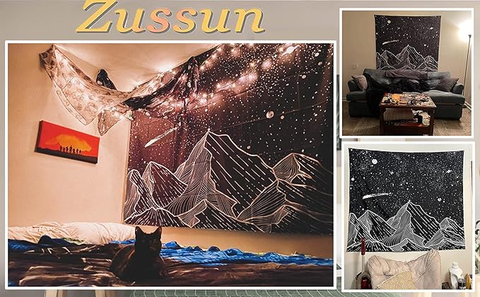 Zussun Black and White Tapestry Starry Night Mountain Tapestries for Bedroom Aesthetic Moon and Stars Tapastry's Wall Hanging Dark Nature Forest Wall Tapestry for Living Room Dorm (Dark, 48'' × 36'')