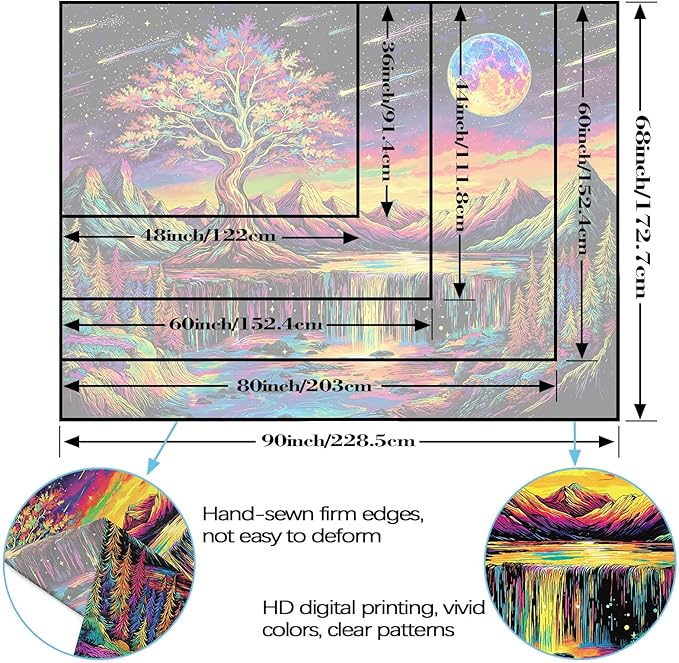 Zussun Blacklight Tree of Life Tapestry UV Reactive Moon Mountain Forest Waterfull Tapestry for Bedroom Aesthetic Nature Small Tapestries Wall Hanging for Dorm Living Room Decor 60 x 44 Inch